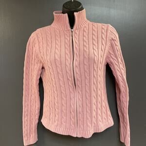 LL Bean Sweater Womens Soft Pink Full Zip Cable Knit Vintage Style